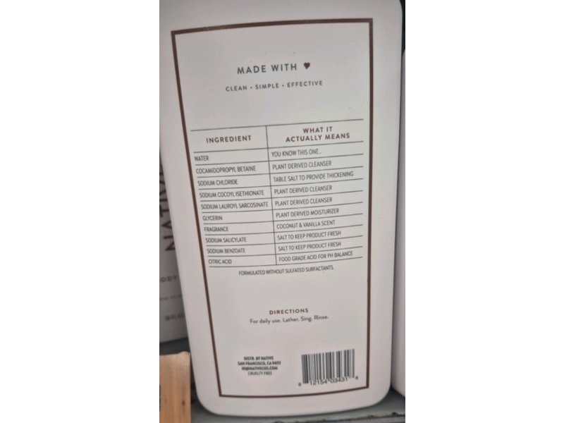 Native Body Wash, Coconut & Vanilla, 36 fl oz/1.06 L.