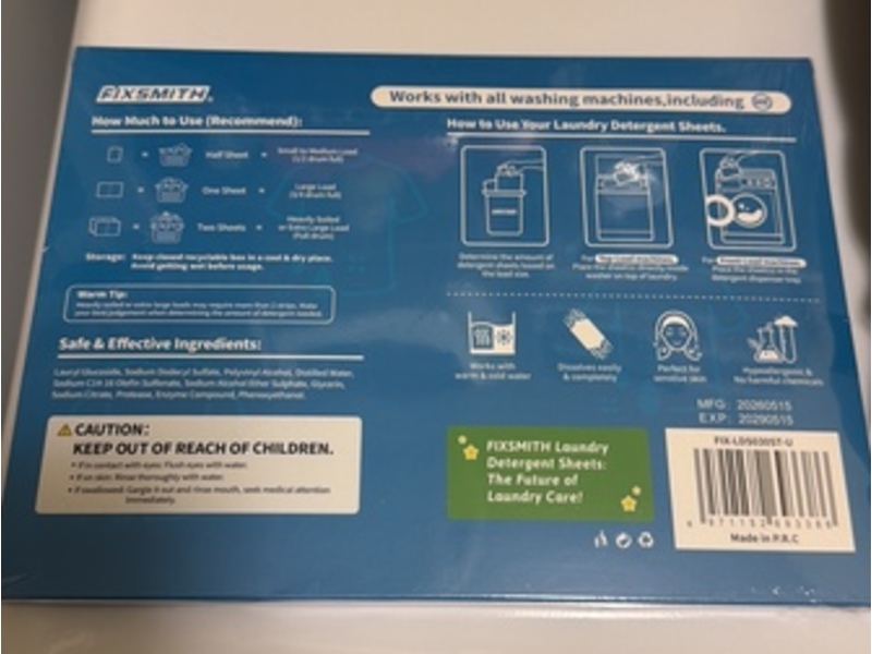 Fixsmith Laundry Detergent Sheets, Fragrance Free, 60 Loads, 30 Sheets