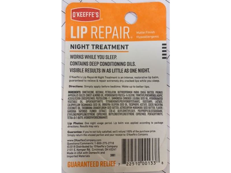 O'Keeffe's Lip Repair Lip Balm, Night Treatment, 0.25 oz/7 g