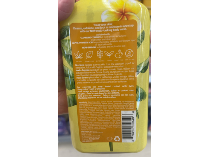 Hempz Herbal Body Wash, Original Floral Banana, 17 fl oz/500 mL