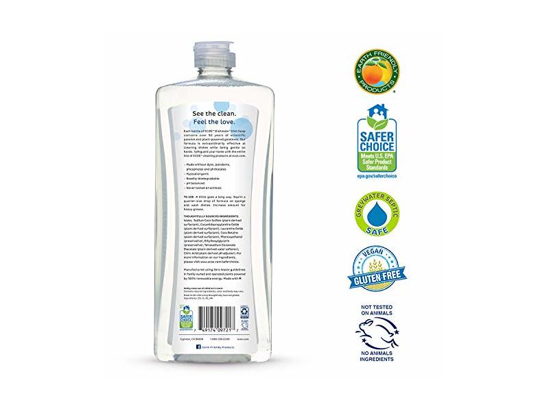Earth Friendly ECOS Dishmate Dish Liquid, Free & Clear, 25 fl oz (Pack of 2)