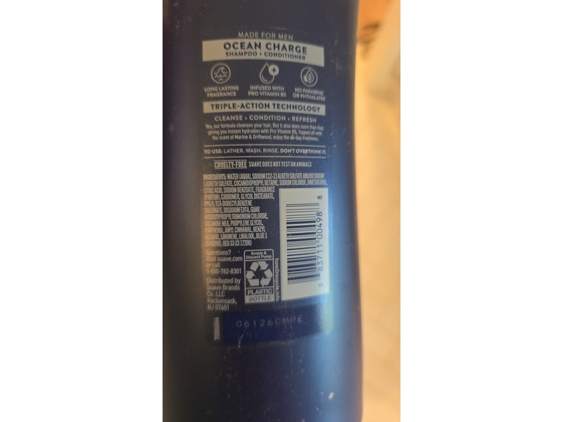 Suave Men Ocean Charge 2-In-1 Shampoo + Conditioner, Refreshing, Marine & Driftwood, 28 fl oz/828 mL