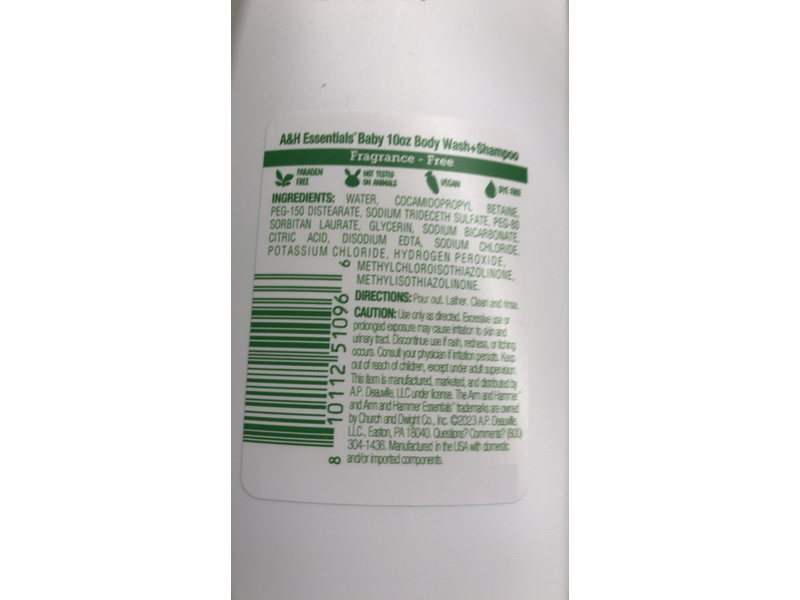 Arm & Hammer Essentials Baby Body Wash & Shampoo, Fragrance Free, 10 fl oz/296 mL