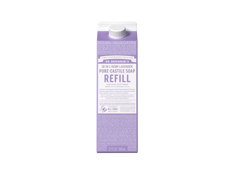 Dr. Bronner's Pure-Castile Soap Refill, 18-In-1 Hemp Lavender, 32 oz/946 mL