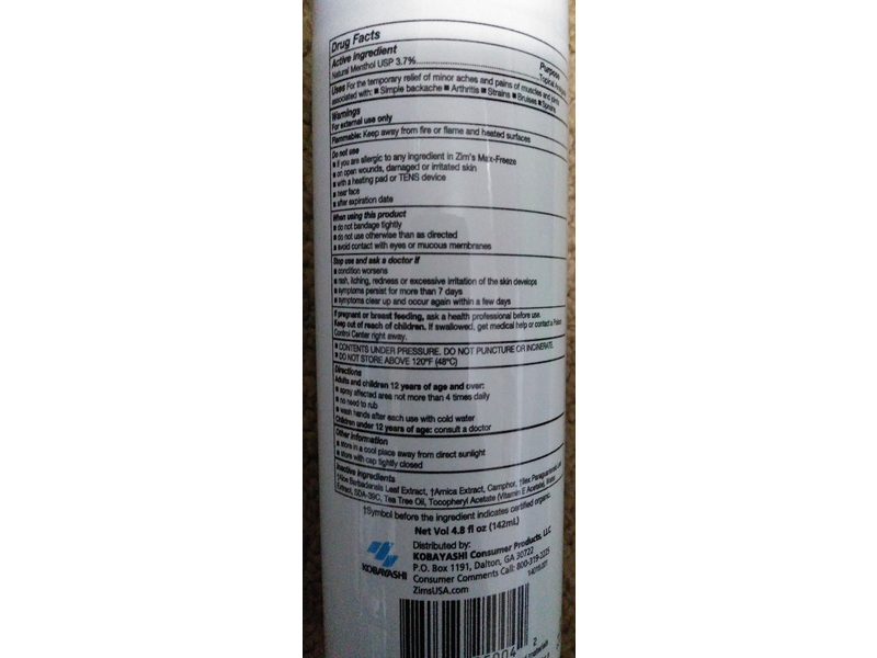 Zim's Max Freeze Pain Relief Cooling Spray, Menthol, Advanced Formula, 4.7 oz/133 g