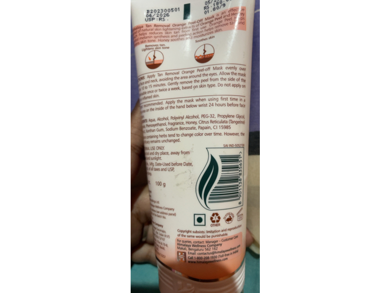 Himalaya Tan Removal Peel-Off Mask, Orange Peel & Honey, 100 g