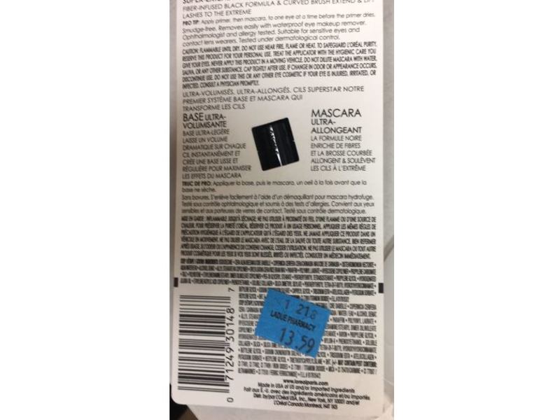 L'Oreal Paris Voluminous Super Star Waterproof Mascara + Primer, 625 Black, 0.40 fl oz/12 mL, Pack Of 6