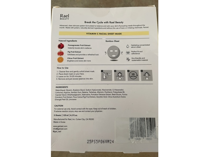 Rael Beauty Facial Sheet Masks, Vitamin C, 4.2 fl oz/125 mL, 5 Count