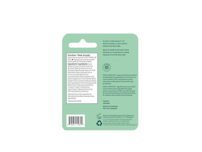 Attitude Leaves Bar Lip Balm, Fresh Mint, 0.3 oz/8.5 g