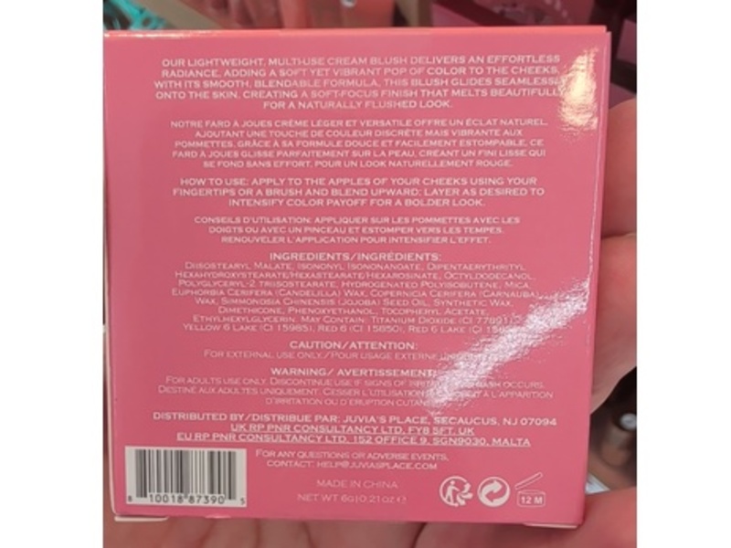 Juvia's Place Blushed Cream Blush, Charming Coral, 0.21 oz/6 g