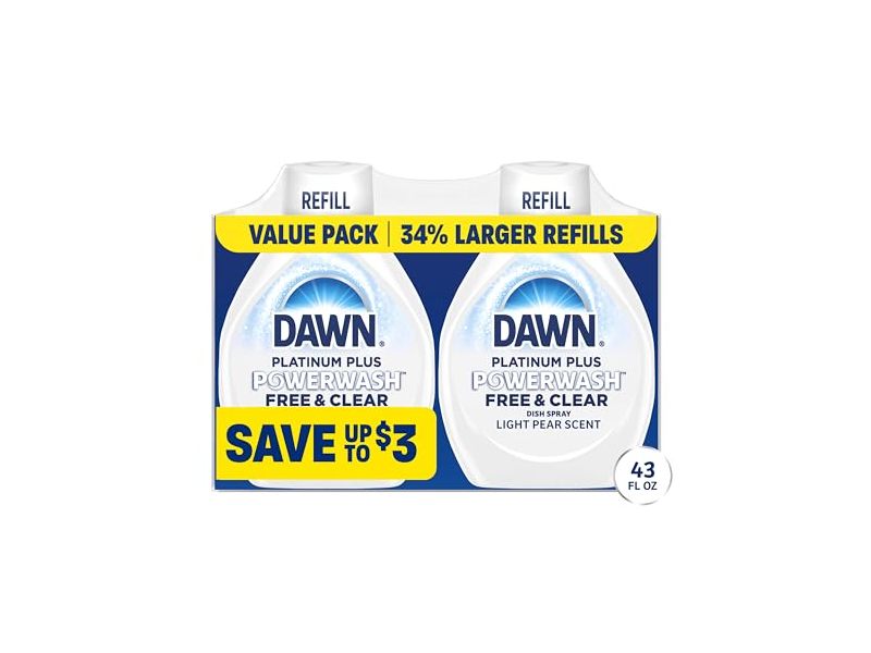 Dawn Platinum Plus Powerwash Dish Spray Refill, Light Pear, Free & Clear, 21.5 fl oz/1.27 L, Pack Of 2