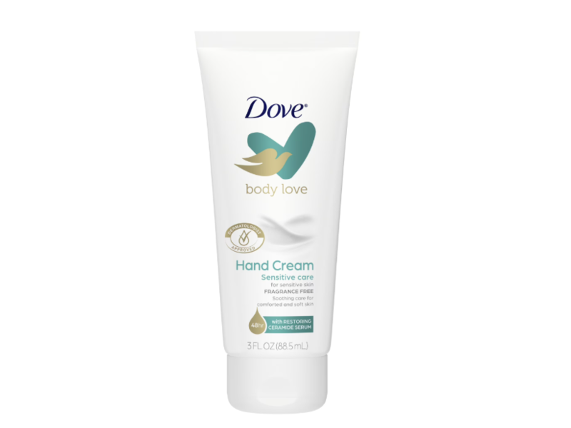 Dove Body Love Sensitive Care Hand Cream, Fragrance Free, 3 fl oz/88.5 mL
