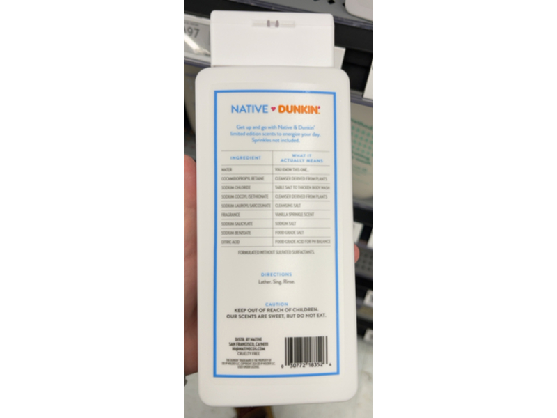 Native Dunkin Body Wash, Vanilla Sprinkle, 18 fl oz/532 mL