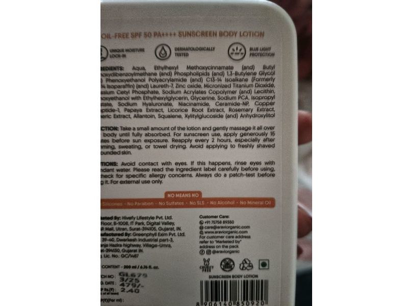 Aravi Organic Sunscreen Body Lotion, SPF 50 PA++++, 6.76 fl oz/200 mL
