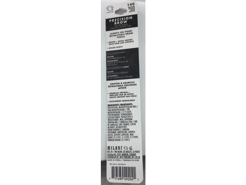Milani Precision Brow Pencil, 140 Medium Brown, 0.018 oz/0.05 g