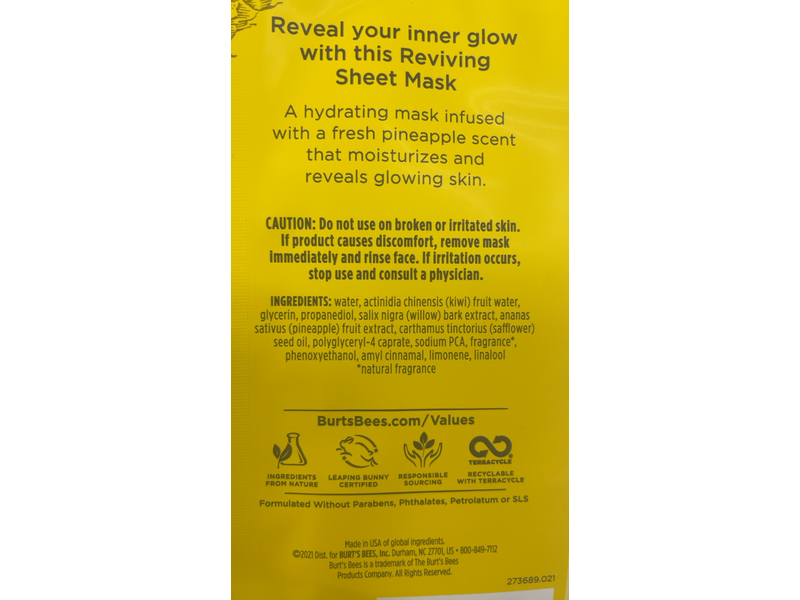 Burt's Bees Reviving Sheet Mask, Pineapple, 0.33 oz/9.35 g