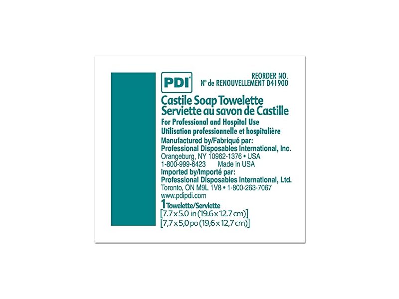 PDI Castile Soap Towelette 7.7 in. x 5in., 100 Count, 1 Pack