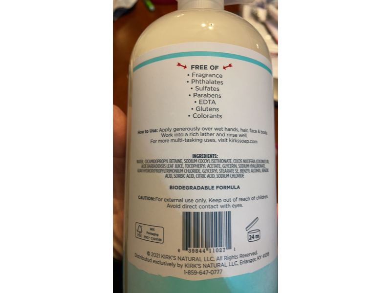 Kirk's 3-In-1 Head To Toe Nourishing Cleanser, Fragrance Free, 32 fl oz/946 mL