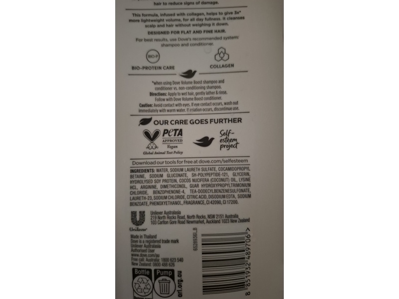 Dove Volume Boost + Collagen Damage Therapy Shampoo, 850 mL