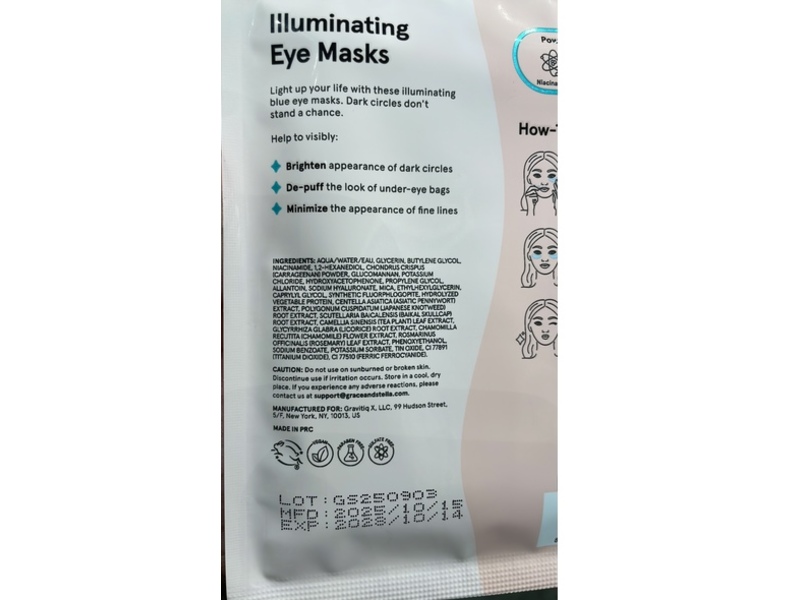 Grace & Stella Illuminating Eye Masks, Blue, Niacinamide & Hyaluronic Acid, 0.2 oz/6 g, 2 Pairs