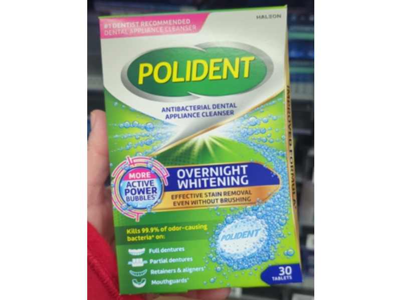Polident Antibacterial Dental Cleanser, Overnight Whitening, 30 Tablets,