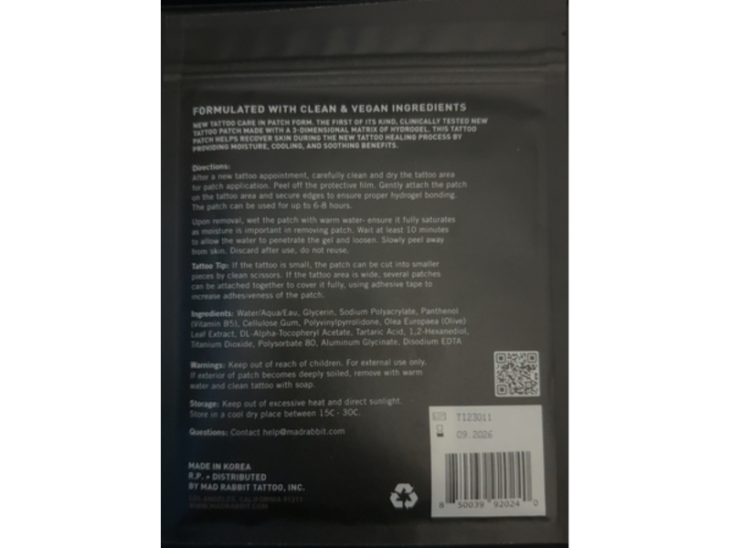 Mad Rabbit Repair New Tattoo Hydrogel Patches, 3 Sheets