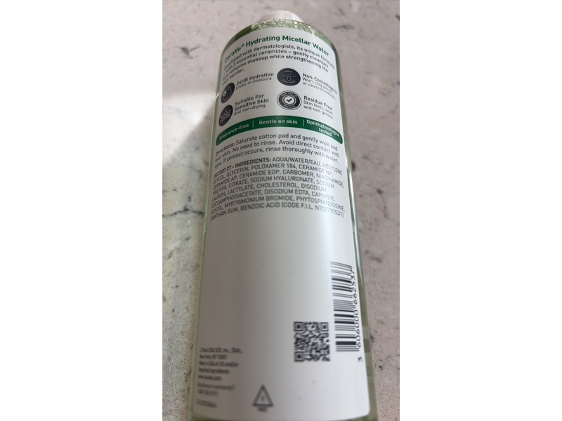 CeraVe Hydrating Micellar Water, Hyaluronic Acid, 13 fl oz/400 mL.