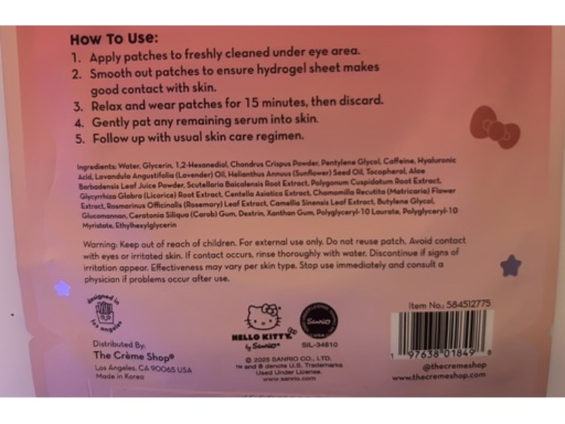 The Creme Shop x Hello Kitty Depuffing Hydrogel Under Eye Patches, Hyaluronic Acid & Caffeine, 2 Count