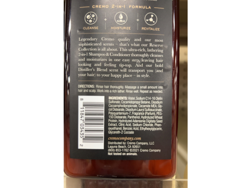 Cremo Reserve Collection 2 In 1 Shampoo Conditioner, No. 13 Distillers Blend, 16 fl oz/473 mL