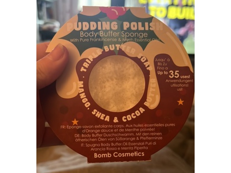 Bomb Cosmetics Pudding Polish Body Buffer Sponge Triple Butter Soap, Mango, Shea & Cocoa Butter, 5.8 oz/165 g