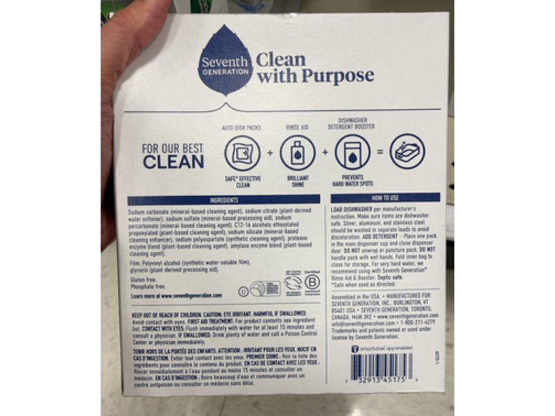 Seventh Generation Dishwasher Detergent Packs, Free & Clear, 23.8 oz/675 g, 45 Count, Pack Of 2