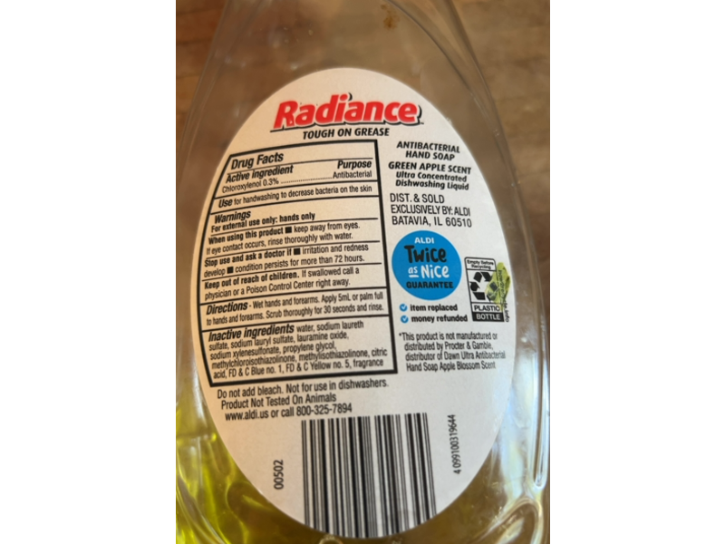 Radiance Tough On Grease Dish Soap, Green Apple, 28 fl oz/828 mL