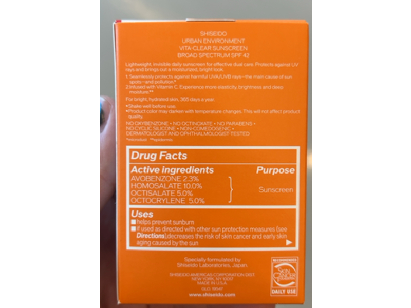 Shiseido Urban Environment Vita-Clear Sunscreen, SPF 42, Vitamin C, 1 fl oz/30 mL