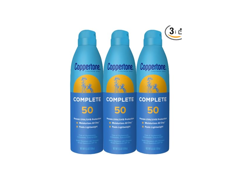 Coppertone Complete Sunscreen Spray, SPF 50, 5.5 oz/156 g, Pack Of 3