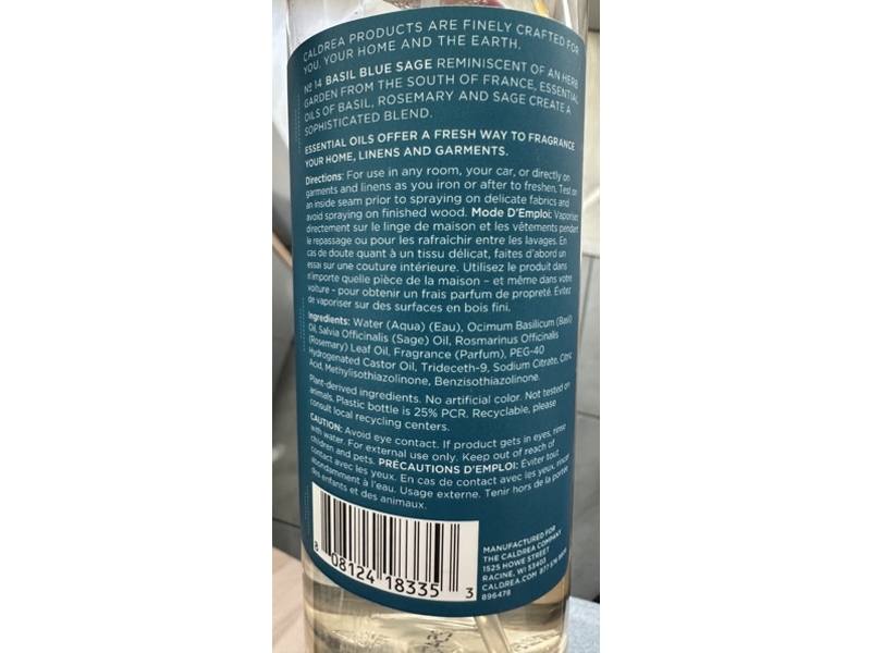 Caldrea Linen & Room Spray, Basil Blue Sage, 16 fl oz/473 mL