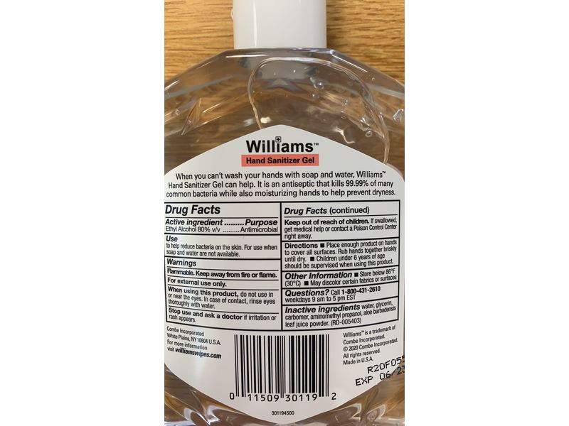 Williams Hand Sanitizer Gel, Moisturizing Glycerin + Aloe, Fragrance Free, 7 fl oz/207 mL