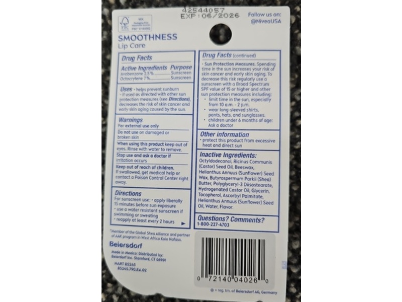 Nivea Smoothness Lip Care Sunscreen Lip Balm, SPF 15, 0.17 oz/4.8 g, 2Count