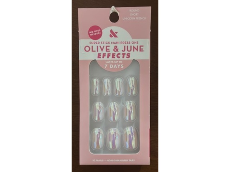 Olive & June Effects Super Stick Mani Press-Ons, Round, Short, Unicorn French, 32 Count