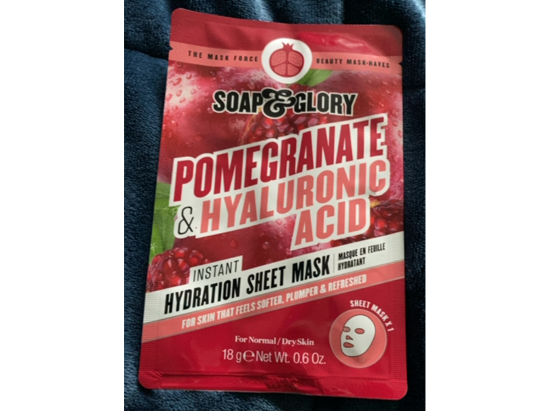 Soap & Glory Instant Hydration Sheet Mask, Pomegranate & Hyaluronic Acid, 0.6 oz/18 g