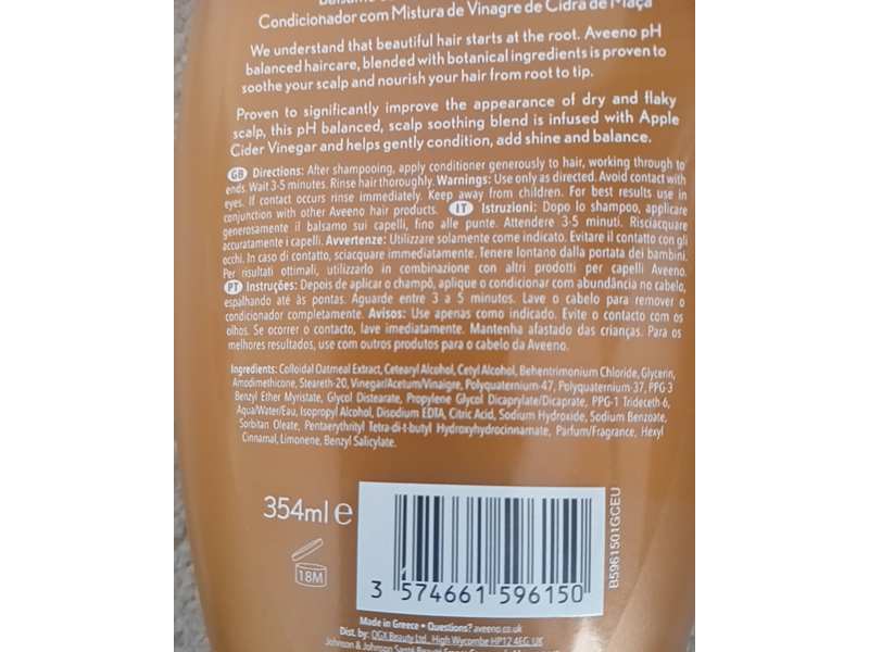 Aveeno Clarify & Shine Apple Cider Vinegar Blend Conditioner, Colloidal Oat, 12 fl oz/354 mL