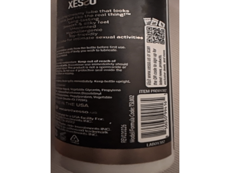 Xesso Black Water-Based Creamy Lube, Life-Like Sensation, Unscented, 4 fl oz/120 mL