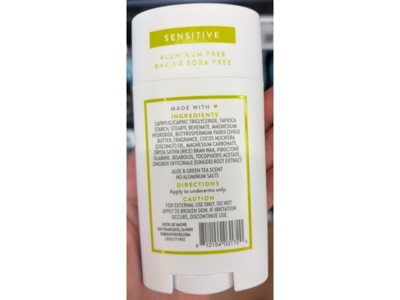 Native Deodorant, Aloe & Green Tea, 2.65 oz/75 g.
