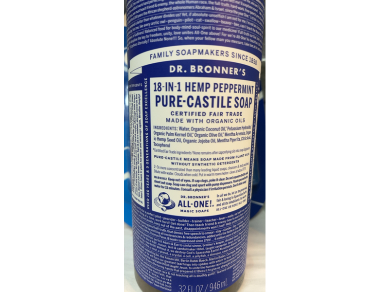Dr. Bronner's Pure-Castile Soap, Hemp Peppermint, 32 fl oz/946 mL , Pack Of 2