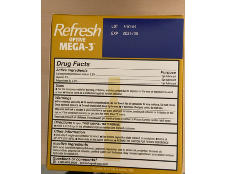 Refresh Optive Mega-3 Lubricant Eye Drops, Hydro Cell, 0.01 fl oz/0.4 mL