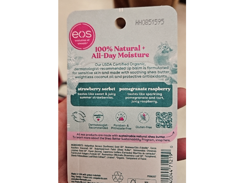 Ecos Natural Organi Lip Balm Duo, Strawberry Sorbet & Pomegranate Raspberry, 0.14 fl oz/4 g