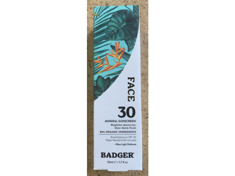 Badger Face Mineral Sunscreen, SPF 30 Blue Light Defense, 1.7 fl oz/50 mL