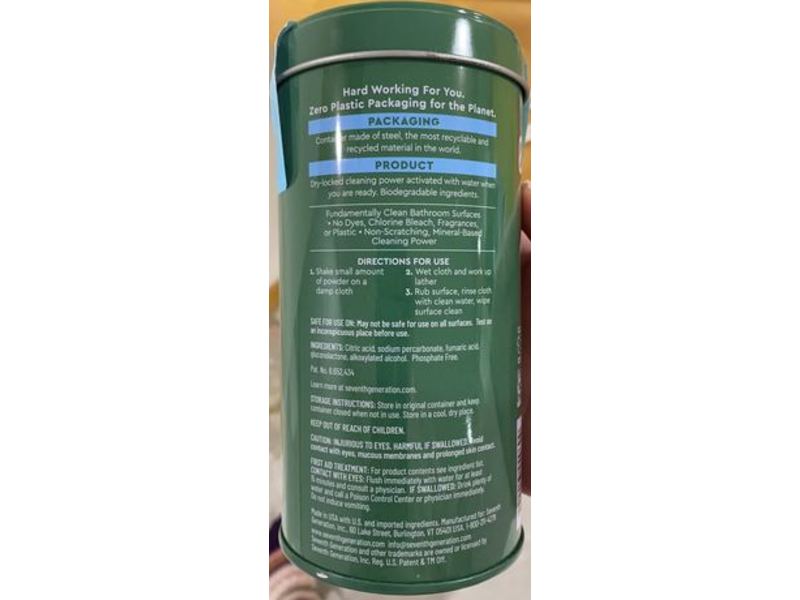 Seventh Generation Zero Plastic Bathroom Powder Cleaner, 10 oz/283 g