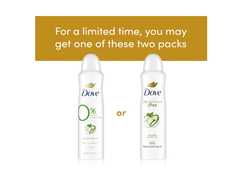 Dove Aluminum Free Deodorant Spray, Cucumber & Green Tea, 4 oz/113 g