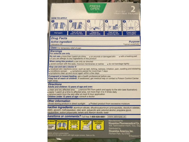 Salonpas Pain Relieving Gel-Patch, Lidocaine, Count 2