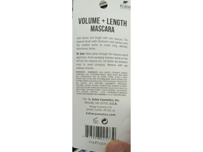 Kokie Cosmetics Volume + Length Mascara, Black, 0.32 fl oz/9 mL